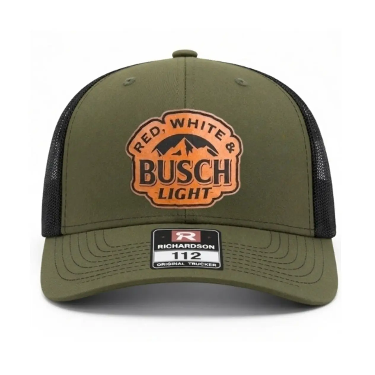 Red, White and Busch Light Patch Richardson 112 Hat | Red White Drinking Leather Patch Hat  | USA Party Mesh Hat | Fourth of July Snapback Hat | Americana Casual Trucker Cap | Summer Beer Hat
