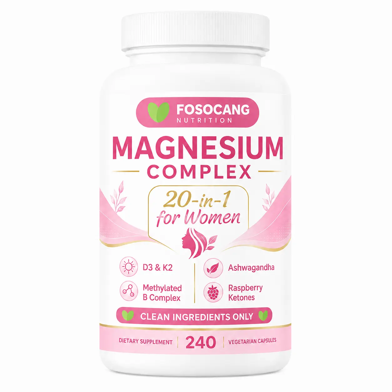 Women’s Magnesium Complex Supplement, 240 Vegetarian Capsules - 20-in-1 Blend with Vitamin D3, K2, Ashwagandha, Filler-Free, Non-GMO Daily Wellness Support for Health & Fitness