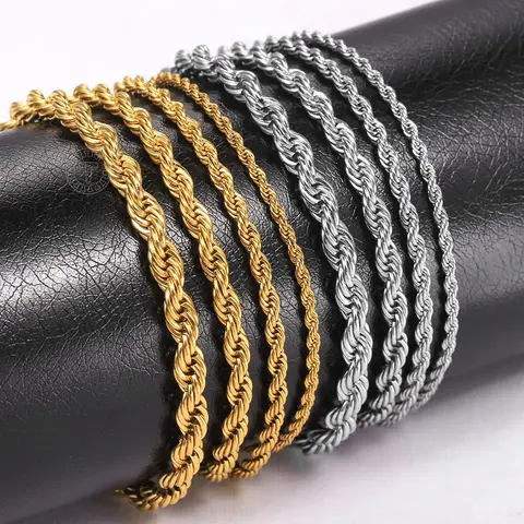 2/3/4/5mm Stainless Steel Twisted Rope Chain Bracelets for Women Men Fashion Punk Bangle Adjustable 18cm+5cm