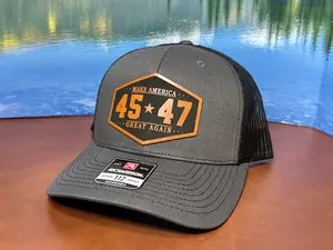 TRUMP 45 47 Patch Hat with Premium Leatherette Patch on Richardson 112 Trucker Hat Patriotic GenX Hat Adult Best Selling Hat