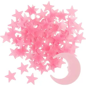 100 Stars and 1 Moon Glow in The Dark Luminous Fluorescent 3D Plastic Wall Stickers for Ceiling and Room Decorations Pink 1.1 inches Stars 3 inches Moon