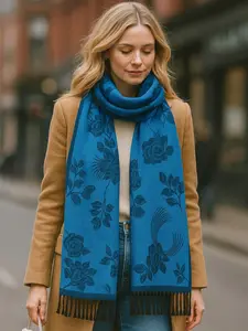 Women's Reversible Rose Flower Scarf - Oversized Shawl with Fringe Details in Elegant Floral Design Viscose Material Perfect for All Seasons - Pink