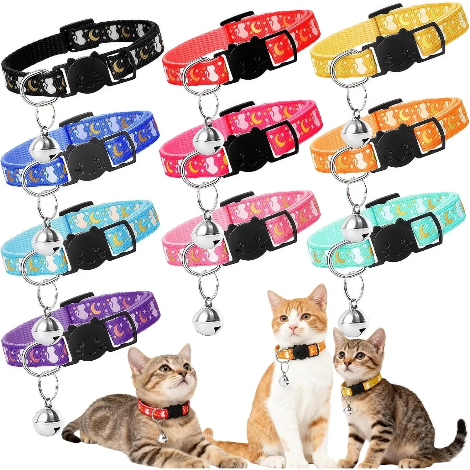 10 count Breakaway  Collars with Bell, Glow in The Dark Adjustable Kitten Collars with  Moon Pendant, 10 Color Cute Kitty Collars for Girl Boy Cats Pet Accessories