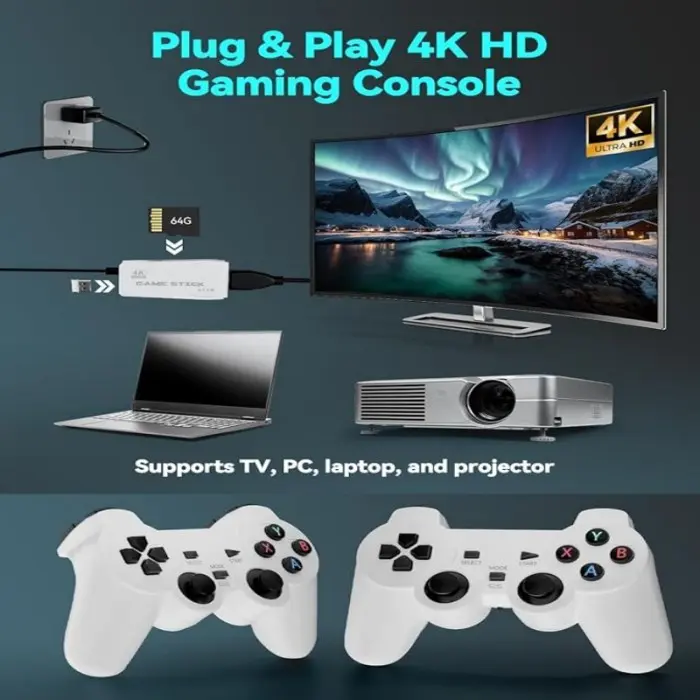 HDMI Plug-and-Play Game Stick with Dual Wireless Controllers Built-in Emulator 64GB Classic Games Retro Gaming Console for Kids & Adults retro game stick Adapter