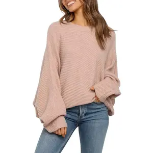 Womens Oversized Crewneck Sweater Batwing Puff Long Sleeve Cable Slouchy Pullover Jumper Top