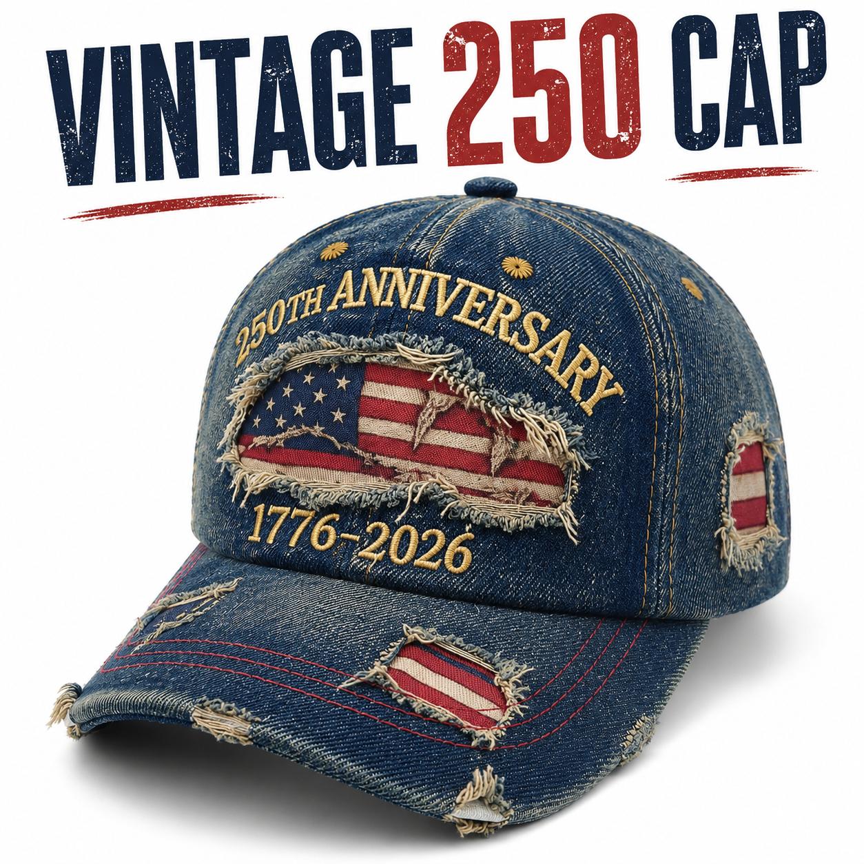 Vintage 250th Anniversary Distressed Denim Baseball Cap, Patriotic Washed Denim Hat with American Flag Inserts, 1776-2026 Adjustable Cap