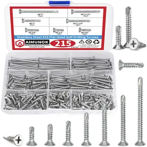 215pcs #8 Phillips Self Drilling ScrewsSet, Self Drilling Screws Assortment Kit,410 Stainless Steel Flat Head Phillips Tek Screws,Stainless Steel Hexagon Head Screw Set,Fastener Set for Tesla Head Self Drilling, Hand Tool