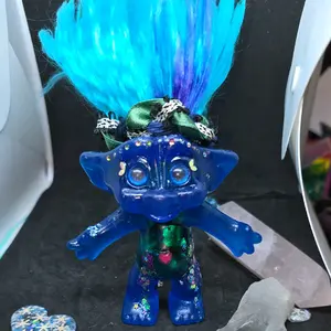 Handmade Epoxy Resin One of a Kind Blue Tattooed Shaker Troll with Glitter Moons Stars & Rhinestone Brow Line Glow in the Dark Snowglobe Gift