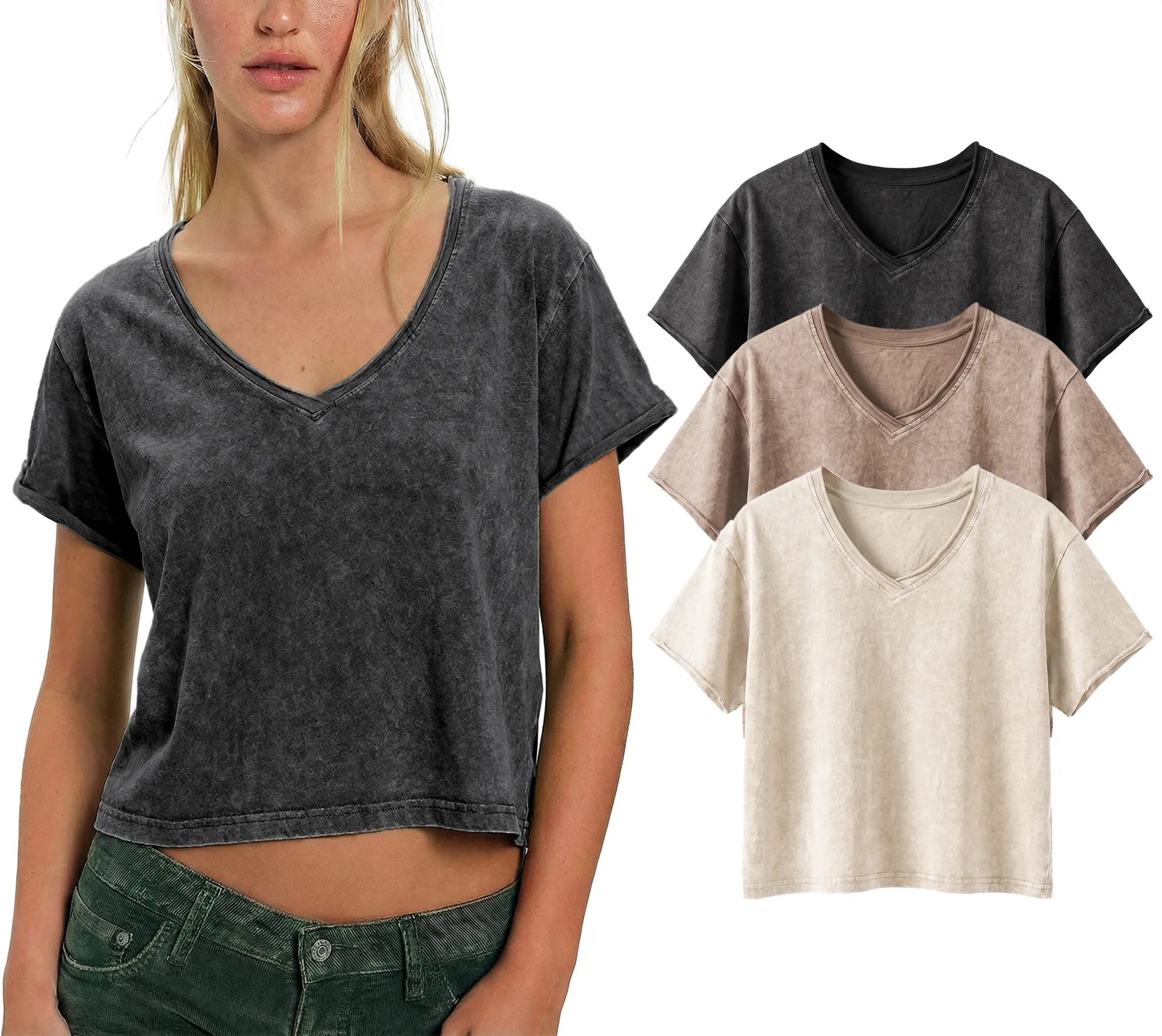 Talakeno Women's 3-Piece Set Cropped Washed V-Neck Short-Sleeve Loose-Fitting Rock-Style Vintage Summer Streetwear T-Shirt