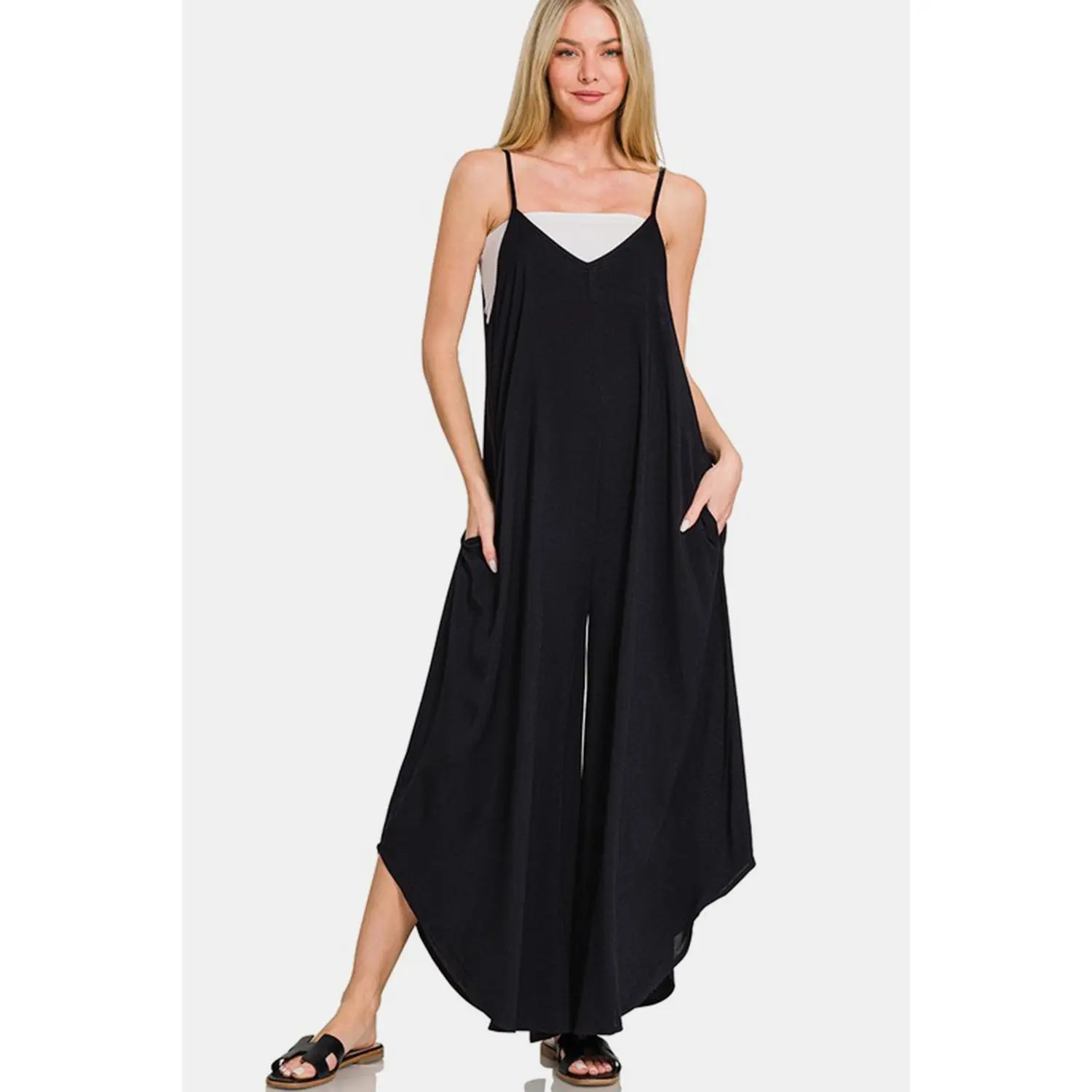 Zenana Spaghetti Strap Wide Leg Overalls with Pockets