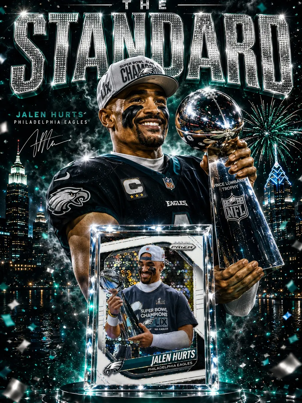 Jalen Hurts Eagles Football Trading Card, 2025 Panini Prizm Silver Disco Parallel #228, Single with Bonus Card Included