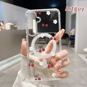 Magnetic Soft Case for Samsung Galaxy S26 Edge S23 Ultra S24 Plus FE S25 S22+ Cherry Blossom Pattern Anti-Yellowing Shockproof ultra-thin Silicone Crystal Transparent Acrylic Large Hole Cover Supports Wireless Charging