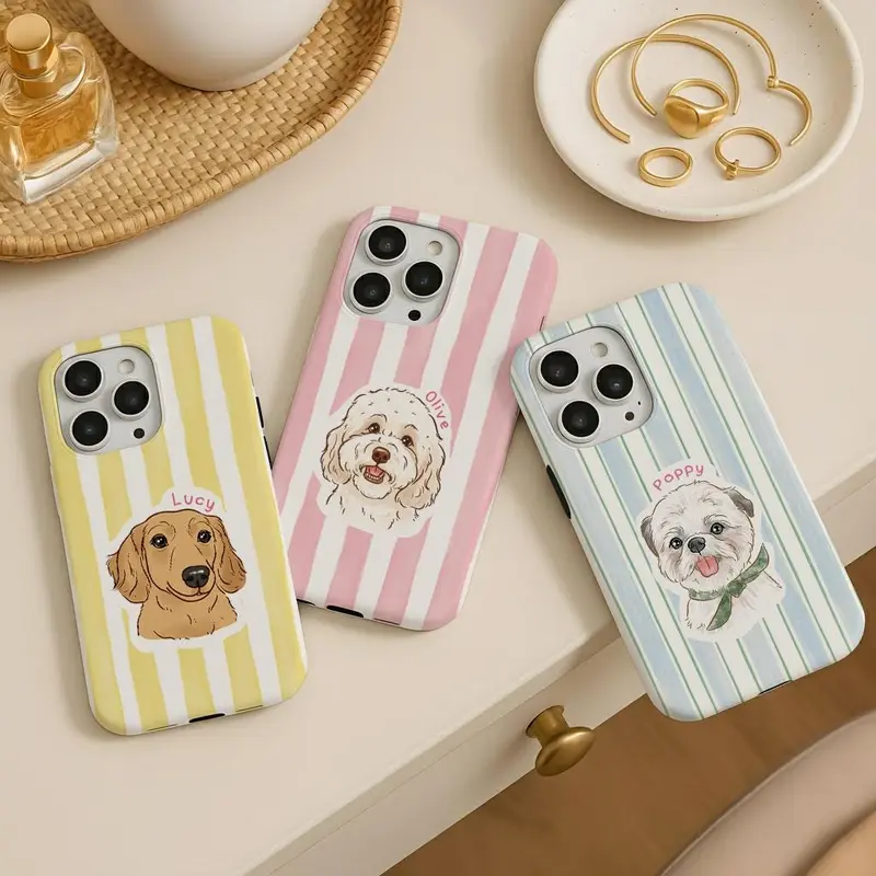Custom Pet Phone Case, Pet Portrait From Photo, Personalized Striped Phone Case, Dog Cat Phone Case Gift For Pet Lover