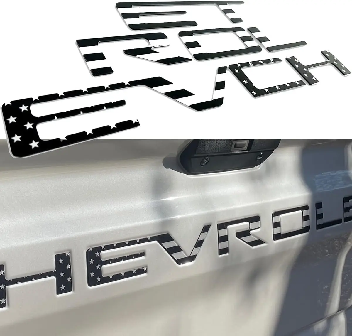 Tailgate Insert Letters – Compatible with Silverado 2019, 2020, 2021, 2022, 2023, 2024, 2025 | 2026 Black American Flag | Strong 3M Adhesive | Durable ABS | Easy Install