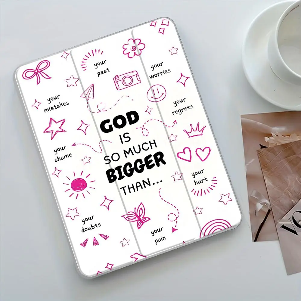 Hand-Painted God is So Much Bigger iPad Folding Stand Case with Acrylic Hard Back, Floral Design, Fits iPad 10.2inch and Pro, Includes Pencil Slot and Charging Adapter Slot, Tablet Casing