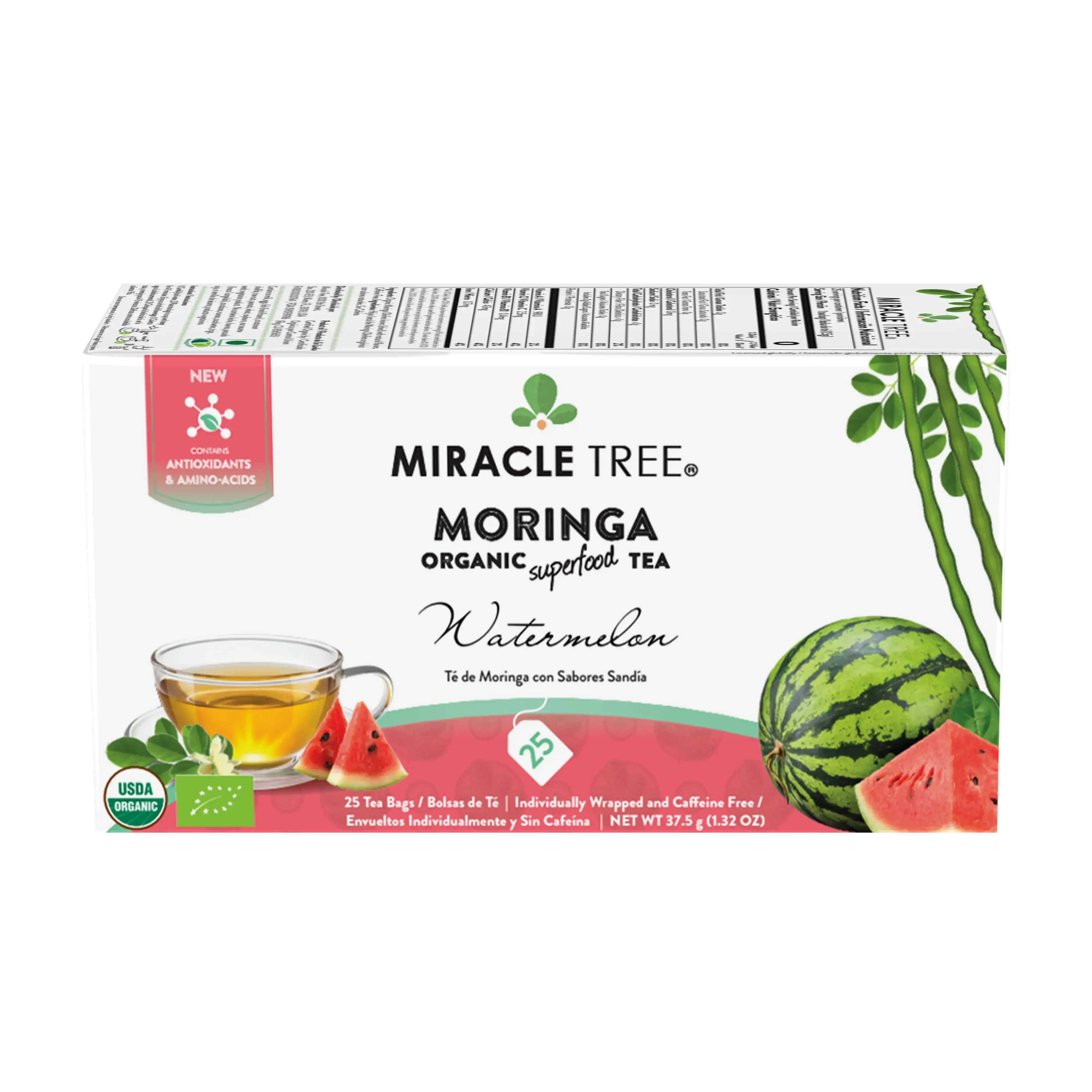Miracle Tree Organic Moringa Tea Watermelon Caffeine-Free Herbal Tea USDA Certified Vegan Gluten-Free Nutrient-Rich Beverage - Vitamin