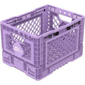 Heavy Duty Collapsible & Stackable Plastic Milk Crate - Snap Lock Foldable Industrial Garage Storage Bin Container Utility Tote Basket (Purple, 1 Small Crate)