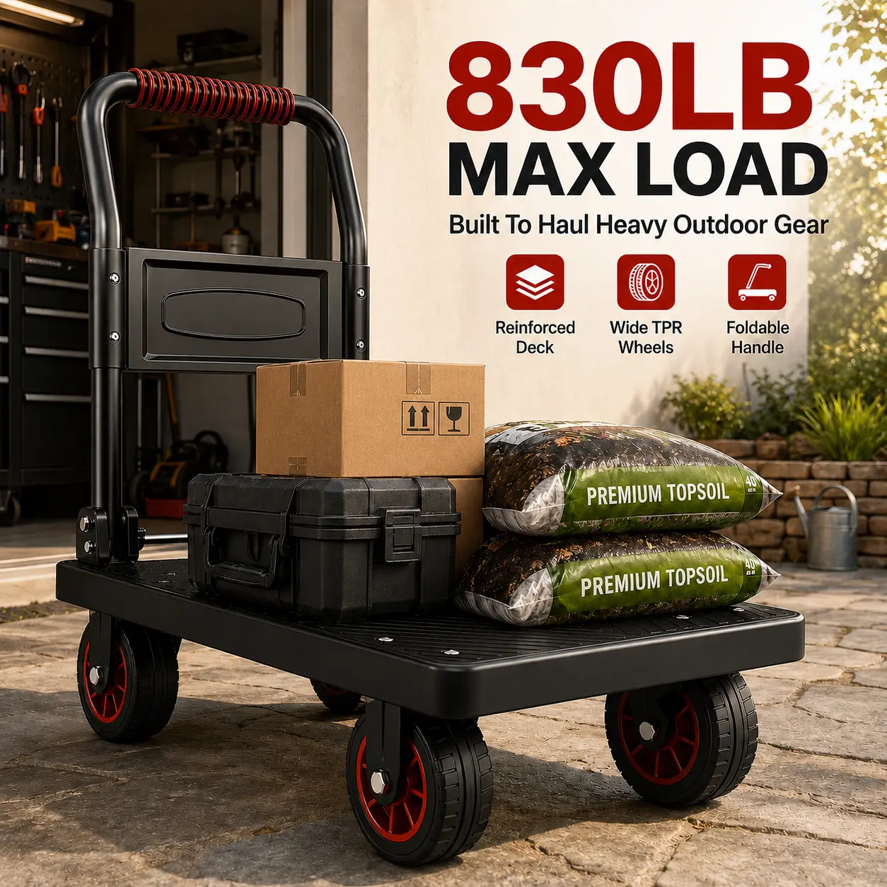 Foldable Flatbed Cart - Compact Platform Trolley for Moving Boxes, Storage Bins, Heavy Loads (190lb-660lb Capacity) for Home Improvement, Building Supplies Use