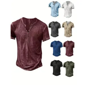 Men's Distressed Henley Shirt - Slim Fit Short Sleeve Button-Up Cotton T-Shirt with V-Neck & Placket Detailing, Machine Washable Casual Shirt in Olive Green, Black, Blue, Burgundy, Sporty Apparel|   Athletic Style|   Comfortable Tee Top Streetwear