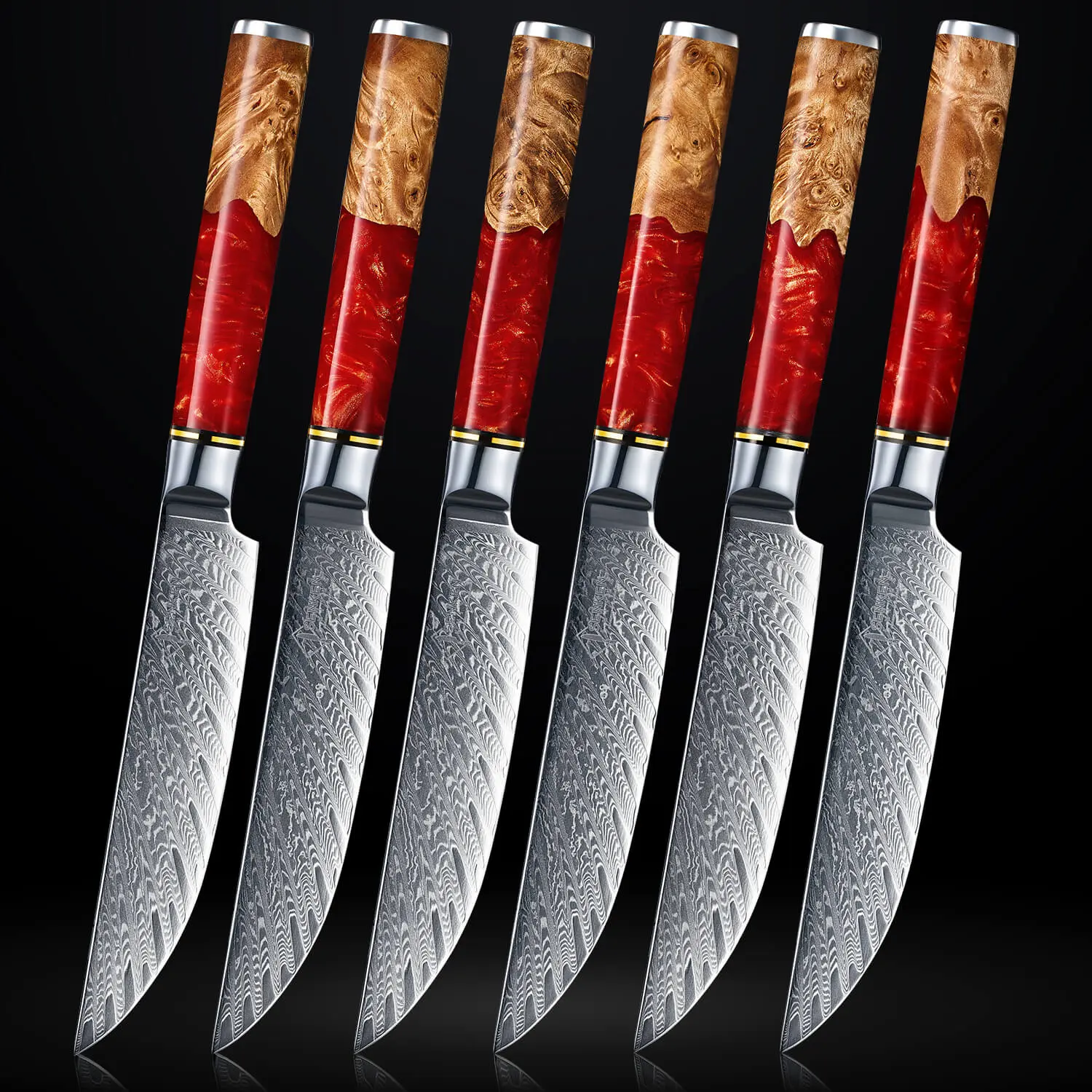 6-Piece Red Tsunami Steak Knife Set - Japanese VG10 Damascus Steel