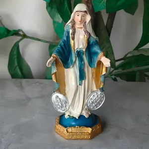 Miracle Medal Virgin Mary Resin Statue, Immaculate Heart Icon, Catholic Christian Religious Item, Home Church Desk Decor, Hand-Painted Blessing Guardian Sculpture, Religious Decoration