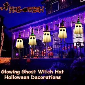 3-Pack or Single Battery Operated Glowing Hanging Witch Hats with Legs, Easy Install Halloween Decor for Indoor Outdoor Parties, Perfect for Porches and Haunted Houses
