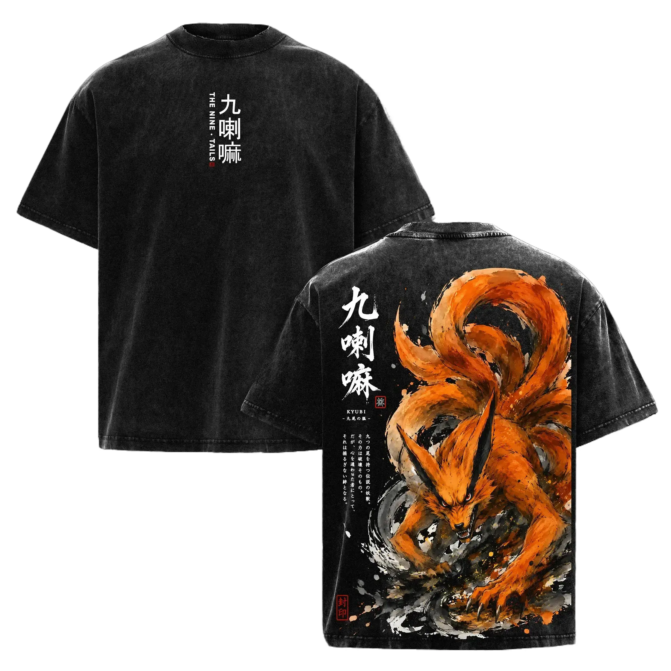 Vintage Washed Nine-Tails Fox Graphic T-Shirt, Heavyweight Cotton Oversized Y2K Anime Streetwear Top for Men & Unisex. Trendy Japanese Manga Hip Hop Grunge Clothing Aesthetic Mythical Beast Print Teen Boy Gift Casual Daily Wear Alt Fashion Apparel Tops