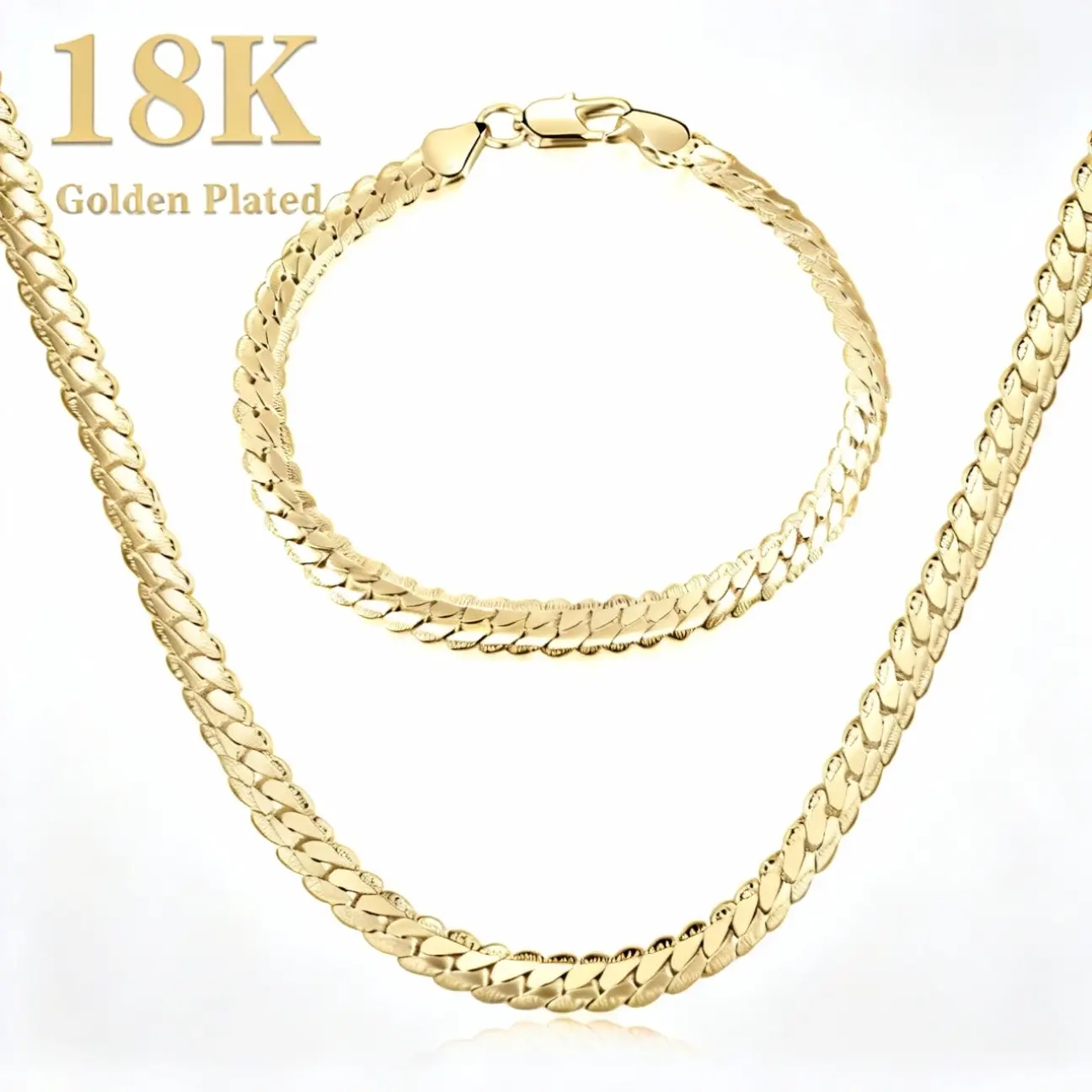 18K Gold Plated Set Double Layers Chunky Chain Necklace Bracelet Combo Set Trendy CreativeJewelry Party Matching   2 PCS Set Cuban Chain Necklace Bracelet Set  Gold Color Flat ChainBracelet Hiphop Jewewlry Set width 5mm