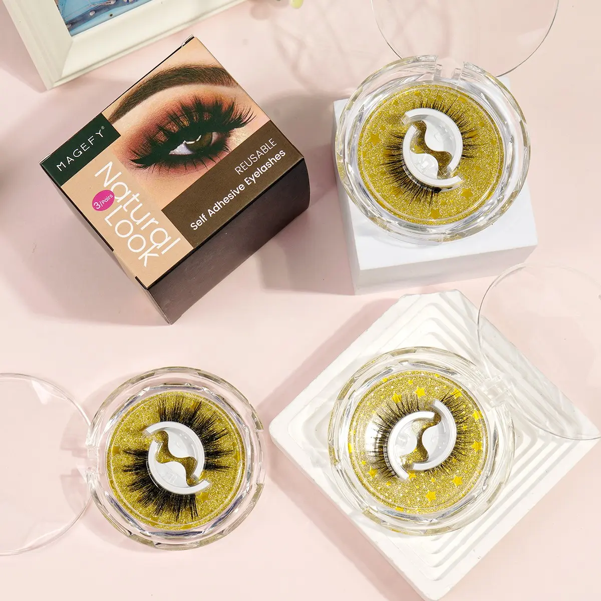 MAGEFY 3 Pairs C Curl No-Glue Self-Adhesive False Eyelashes, Natural Reusable, Lengthening Volumizing Lashes, Easy to Apply & Remove, Lightweight Comfortable Wear, Perfect for Daily, Party & Travel, Mixed Style Full Volume Eyelash for Women