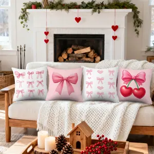 4pcs Pink Bow Valentine's Day Throw Pillow Covers Heart Cherry Cushion Case Home Party Wedding Decorations for Sofa Couch Livingroom