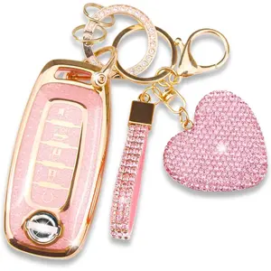 New 2025 Compatible with Nissan Key Fob Cover with Heart Keychain, Car Key Shell for Women, Compatible with Nissan Rogue Pathfinder (2023 2024 2025) Sentra (2024 2025) Key Protector (5 Buttons-Pink)