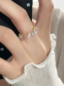 Boho Tassel Stackable Ring, Shiny Copper Zirconia Waterdrop Pendant, Adjustable Joint Ring, Daily Wear Accessory Gift, Stacking Rings