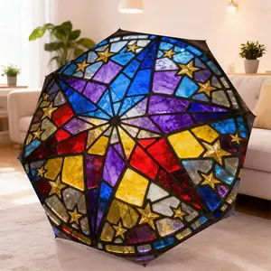 Colorful Church Stained Glass Umbrella with Automatic Folding Feature, Durable 8-Rib Design for Rain and Sun, Perfect Outdoor Gift