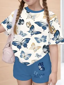 Teen Girls Casual Fashion Classic Butterfly Pattern Short Sleeve T-Shirt, Handwritten Text, Matching Shorts Set, Summer Wear