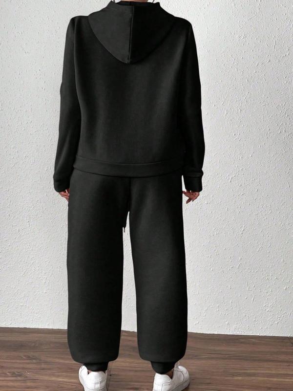 Two piece women's Korean casual black hoodie and pants set, suitable for autumn and winter, suitable for home, indoor, and outdoor wear