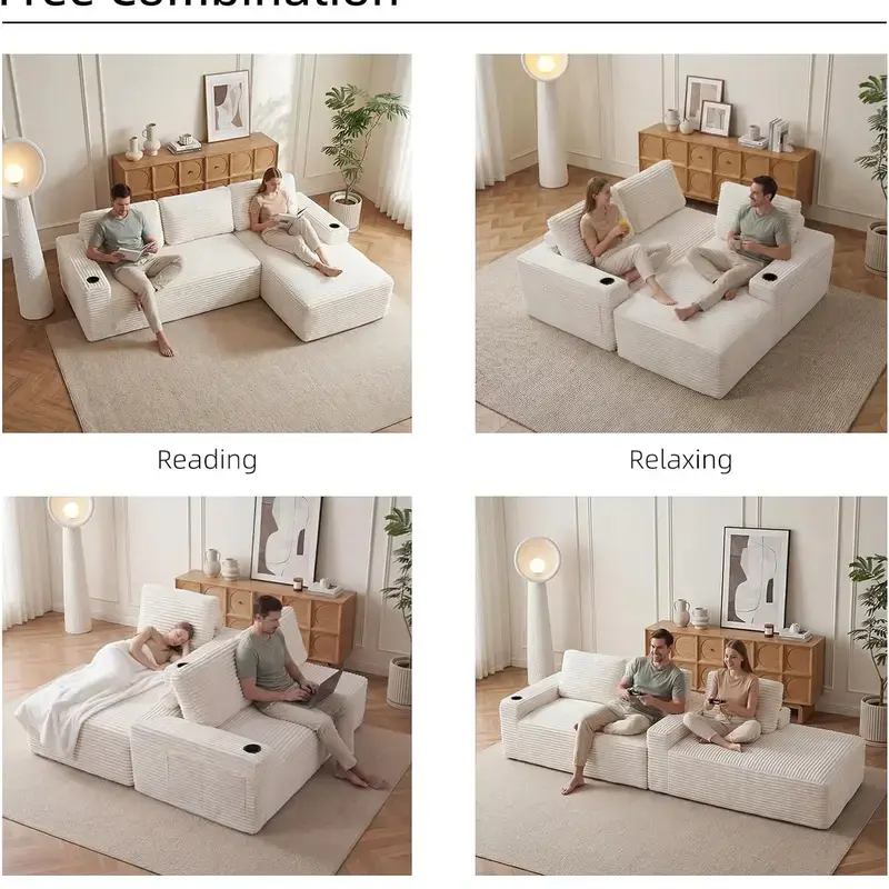 104 Inch Modular Sectional Couch Sofa with Chaise and Cup Holder, Modern Cloud Sofa with Deep Seat,Corduroy Boneless Couches with L-Shape Chaise for Living Room Bedroom,No Assembly Required
