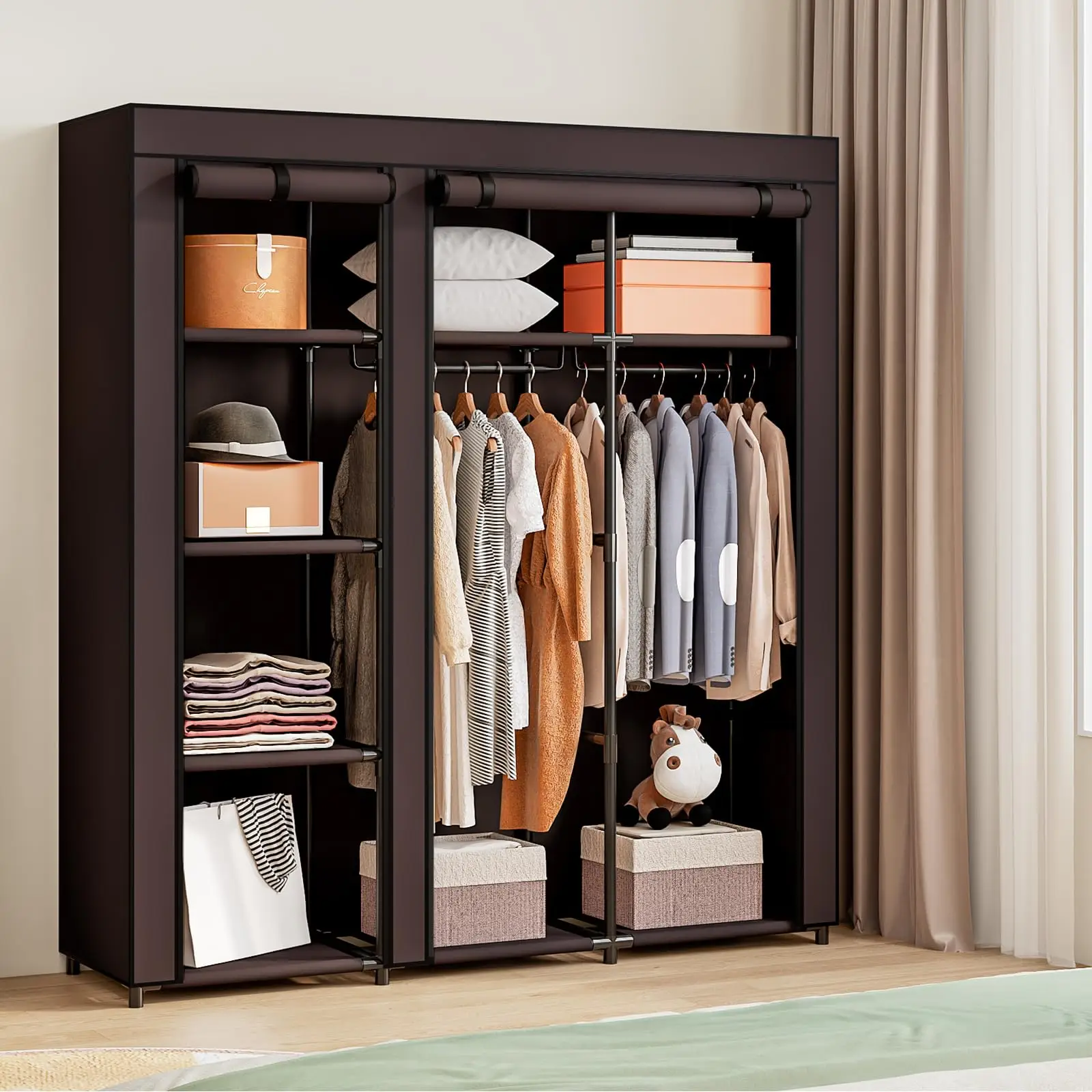 SUOERNUO Portable Wardrobe Closet Storage Organizer Metal Hanging Rack Non-Woven Fabric Rectangle Design for Bedroom with Large Capacity & Dustproof F