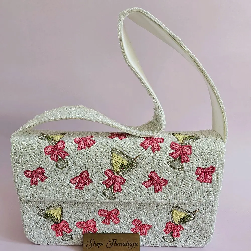 Handmade Martini & Pink Bow Beaded Crossbody Bag | Coquette Aesthetic Seed Bead Clutch | Dirty Martini Dirty 30 Birthday Purse | Preppy Cocktail Party Handbag