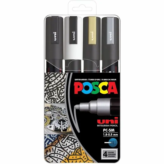Uni-Ball UBCPC5M4C Posca Paint Marker, 1.8mm to 2.5mm Reversible Tip, Assorted Colors Pack of 4, Nontoxic Coloring Tool for Decorators, Defined Strokes, Erasable on Most Smooth Materials, Permanent on Porous Surfaces, Indoor Or Outdoor Projects, Line Draw