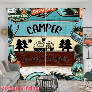 2D Flat 2Pcs Camper Van Camping Club Print Curtains, Rustic Wood Grain Design, Semi Sunshade Window Drapes, Rod Pocket for Living Room Bedroom Kitchen Home Decor, Privacy Protection, Accessories .