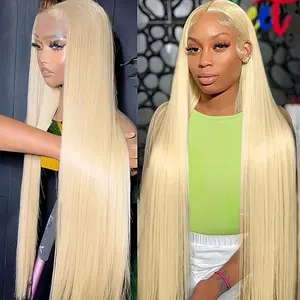 Blonde Color Straight Synthetic 13x4 T-part Lace Wigs Glueless Pre-plucked Natural Hairline Synthetic Lace Front Wigs #613 Blonde for Women 32inch