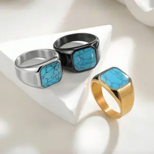 Vintage style shiny silver plated turquoise ring, men's jewelry for daily wear and gift