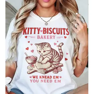 "Kitty Biscuits Bakery" Cat Graphic Tee - Cute Baking Cat Casual Top