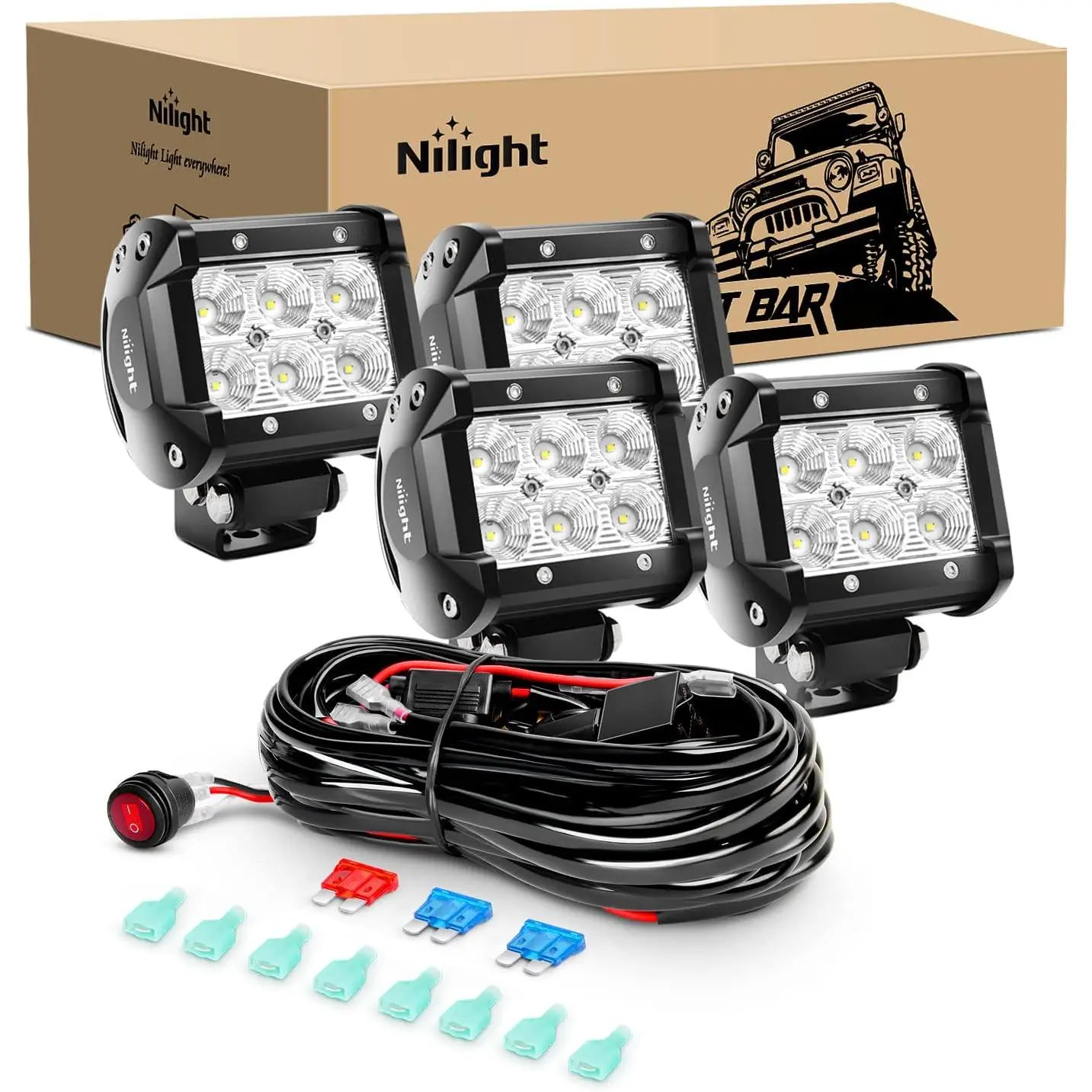 Nilight 4pcs 4-Inch 18W Waterproof Aluminum LED Flood Pod Lights - Flood Beam Off-Road Fog & Driving Lamps with 16AWG Wiring Harness Kit, Bracket Mountable for Trucks/SUVs, -40~85°C, 1260lm