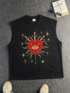 "Three Swords Sacred Heart" Eye Graphic Sleeveless Tank Top, Athletic Tank Tops, Unisex Mystic Streetwear Athletic Top, Casual Gothic Sun Moon Star Print Shirt for Gym, Street Style, Ideal for Gothic & Mysticism Enthusiasts