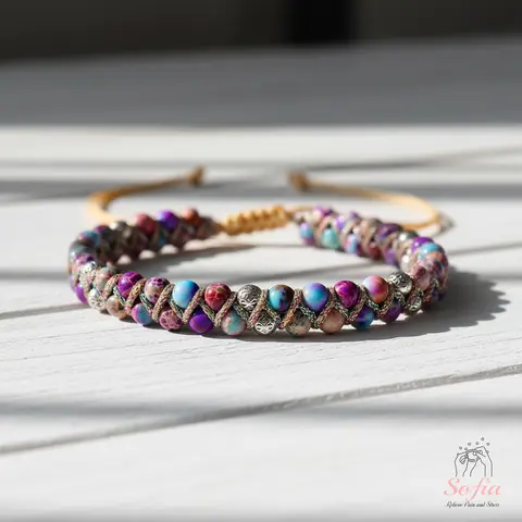 Sofia Natural Boho Sea Sediment Jasper Gemstone Bracelet Purple Stone Crystal Adjustable Bohemia Style for Daily Use Minimalist Gift