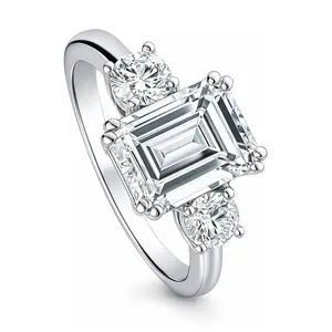 BERRICLE Sterling Silver 3-Stone Wedding Engagement Promise Rings for Her, 2.6 Carat Emerald Cut Cubic Zirconia CZ Ring