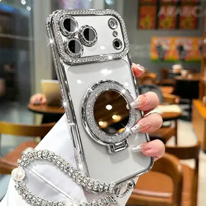 Luxury Mirror Stand Phone Case with Hand Chain - Full Frame & Lens Decor, Foldable Makeup Mirror & Wrist Strap for iPhone 12/13/14/15/16/17 Pro Max,17Air,14/15/16 Plus, Elegant Protective Cover