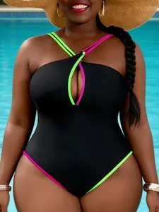 Plus Size Colorblock Cross Front Cut Out Swimsuit, Casual Sleeveless Hooded Swimwear for Beach Holiday Vacation, Women's Swimsuit for All Seasons, Colorblock Print Swimsuit, Criss Cross Swimsuit, Color Block Swimsuits, Tummy Control Swimsuit