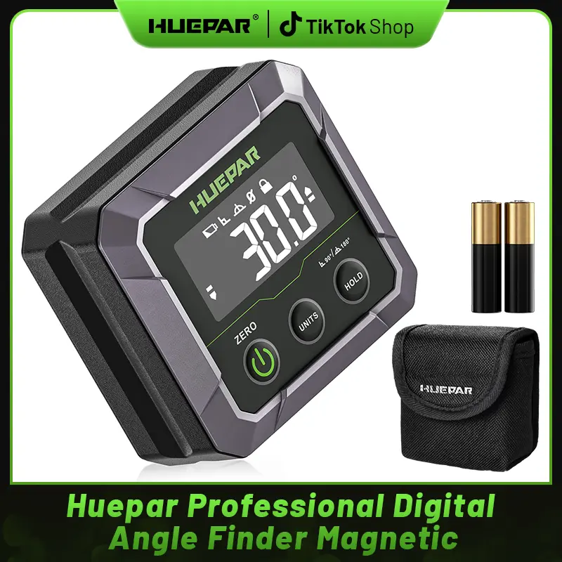 Huepar Industrial Hardware Heavy Duty Metal Digital Angle Finder, Woodworking Precision Tool - Strong Magnetic Bottom, ±0.1° Inclinometer, Calibration Function, 0-90/0-180 Measurement, VA LCD Display, 360 Auto-Flip Screen